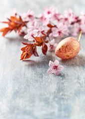 Easter Decoration. Rustic wooden background. Copy space.