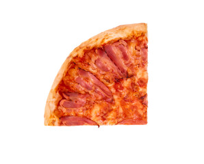 A slice of pizza bacon, ingredient becon and mozarella, isolated on white, top view