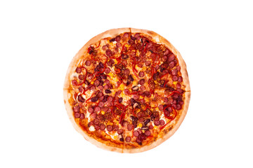 Pizza Mexico isolated on white, with kapia and chili peppers, top view