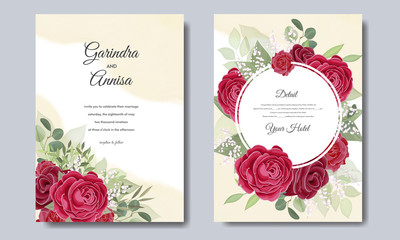 Wedding invitation card template with beautiful floral leaves Premium Vector