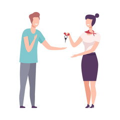 Fototapeta premium Female Real Estate Agent Giving Key to Client, Man Buying or Renting Real Estate Vector Illustration