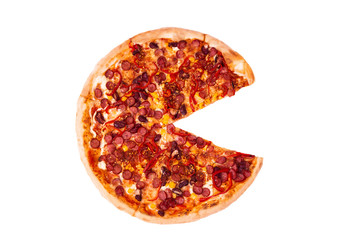 Pizza Mexico, without slice isolated on white, top view with kapia and chili peppers