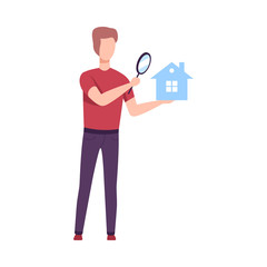 Young Man Holding Small House and Looking at it Through Magnifying Glass, Man Choosing Real Estate for Buying or Renting Vector Illustration