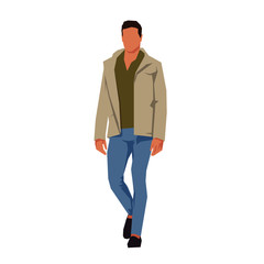 Man walking wearing jeans, jacket and shirt. Flat design geometric vector illustration