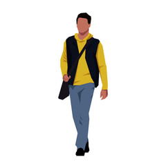 Man walking with laptop bag, programmer. Flat design geometric vector illustration