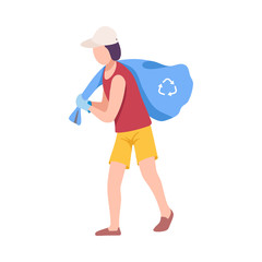 Young Man Carrying Plastic Bag Full of Trash, Male Volunteer Picking Garbage Outdoors Vector Illustration
