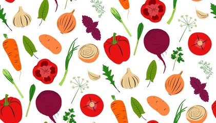 Cute vegetables seamless pattern. Flat trendy cartoon style, vector texture, vegetable background for kitchen textile