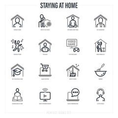Stay at home. Self quarantine activities thin line icons set: don't panic, meditation, work at home, protect elderly, exercising, play video game, streaming, online shopping. Vector illustration.