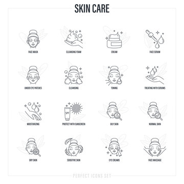 Skin care: facial mask, cleansing foam, face serum, moisturizer, under eye patches, toning, skin treatment, spf, facial massage. Thin line icons set. Vector illustration.