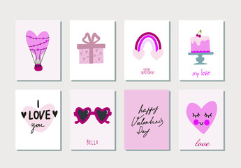 Little cute valentines day cards, vector. Simple, clean, contemporary style posters.