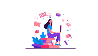 Student with laptop studying on online course. Woman sitting on stack of books and using computer. Vector illustration for internet school, knowledge, education concept