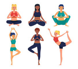 Yoga poses cartoon vector illustration isolated on white background. Smiling girl character doing exercises. Meditation pose illustration.