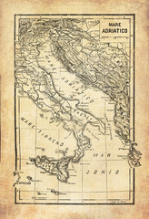Fototapeta na wymiar Ancient map of Adriatic,Jonian and Tyrrhenian seas, as part of the Mediterranean near the coasts of Italy and Sicily with geographical Italian names and descriptions
