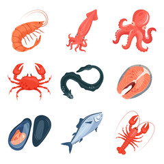 Set of seafood vector illustration isolated on white background. Shrimp, octopus, squid, crab, eel, steak, mussels, fish, cancer. 