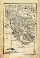 Ancient map of Balkan Peninsula in Southeast Europe and the seas and islands surrounding it with geographical Italian names and descriptions