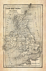 Ancient map of Great Britain and Ireland islands in the North Atlantic Ocean with the British Isles archipelago, with geographical Italian names and descriptions