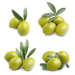 Collection of delicious green olives with leaves, isolated on white background
