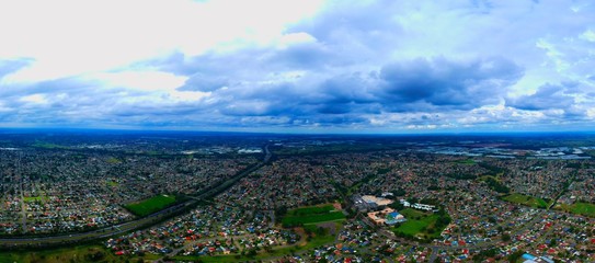 Fototapeta na wymiar Above St Clair Drone panorama aerial view of Sydney NSW Australia city Skyline and looking down on all suburbs 