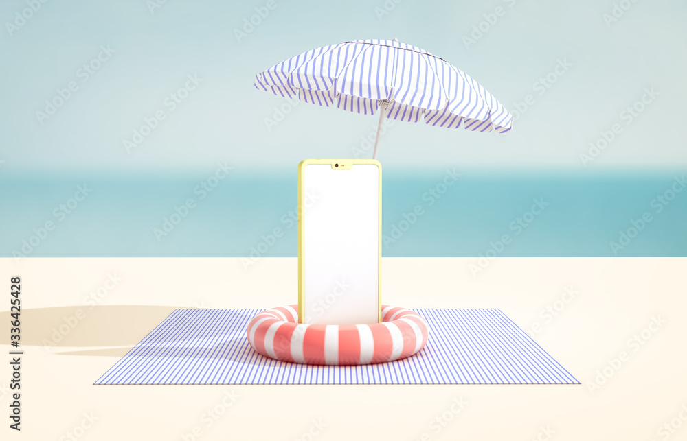 Aufkleber natural summer beach backdrop with smart phone mockup. abstract 3d summer scene. sea view. online sh