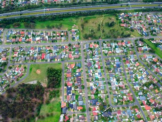 Above St Clair Drone panorama aerial view of Sydney NSW Australia city Skyline and looking down on all suburbs 