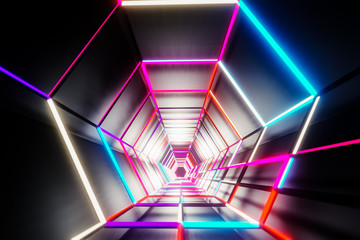 Futuristic hexagon technology background with glowing light. 3D rendering illustration.