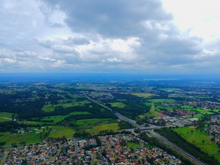 Panorama Above St Clair Drone panoramic aerial view of Sydney NSW Australia city Skyline and looking down on all suburbs 