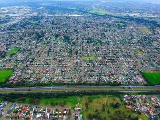 Above St Clair Drone panorama aerial view of Sydney NSW Australia city Skyline and looking down on all suburbs 