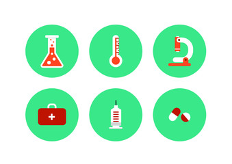 Flat icons set of medical tools and healthcare equipment colored in blue, red and white tone using for science research and health treatment service. (Each object on blue circle background)