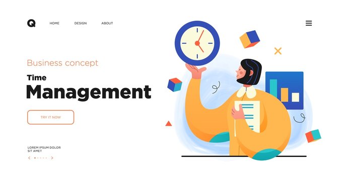 Time management, organizing tasks website concept template design. Web page layout with modern business concept illustration.