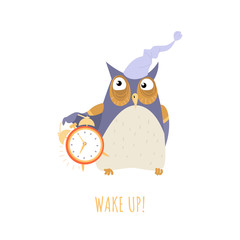Wake up concept with a cute cartoon owl in a nightcap and with an alarm clock isolated on white background