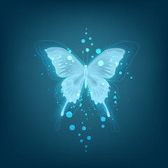 Glowing background with neon blue butterfly on white background

