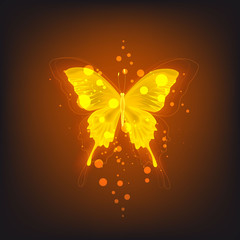 Glowing background with neon orange butterfly on white background
