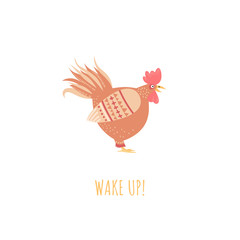 Wake up concept with cute stylized rooster isolated on a white background