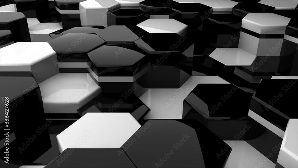 Poster Abstract hexagon glossy white and black geometric surface loop, random motion backgroun
