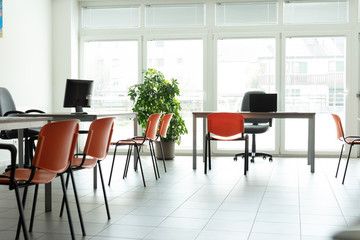 Bright deserted office room during virus pandemic