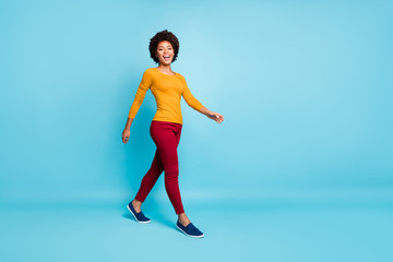 Full size photo of candid lovely cute pretty afro american girl walk go enjoy fall free time...