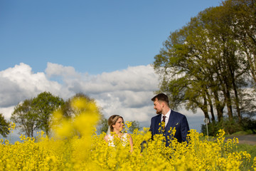 Beautiful young wedding couple posing outdoor in yellow field