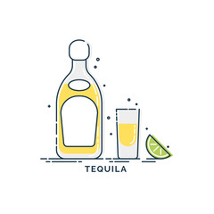 Bottle and glass in line art snack tequila lime. Mexican beverage. White background. Tasty snack. Closeup shot. Trendy fruit food design. Minimalism simplicity sign. Alcoholic product for restaurant