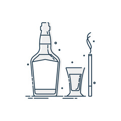 Bottle and glass of alcohol and cigarette great design for any purposes. Isolated illustration white background. Closeup shot. Trendy design. Minimalism sign. Alcoholic product for restaurant symbol