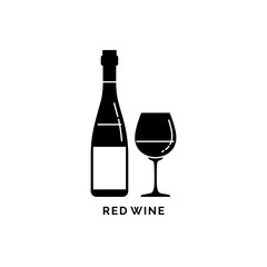 Illustration with silhouette bottle and glass red wine. Isolated object. Alcohol beverage label. White background. Design concept party, celebration. Modern sign
