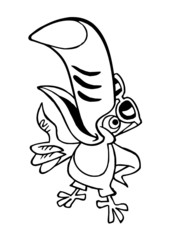 Toucan bird with giant beak and sunglasses showing thumbs up, bigger is better, black and white cartoon