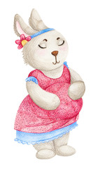 Pregnant bunny in a dress drawn by watercolor on paper. Cute postcard for future mother. Handmade.
