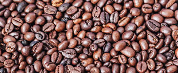 Background from roasted coffee beans. Elite coffee. Banner