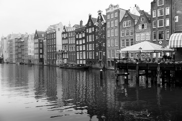 Fototapeta premium Amsterdam classic canal, black and white, cityscape, Netherlands