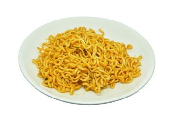 boiled dry instant noodles with spicy sauce on plate in white background