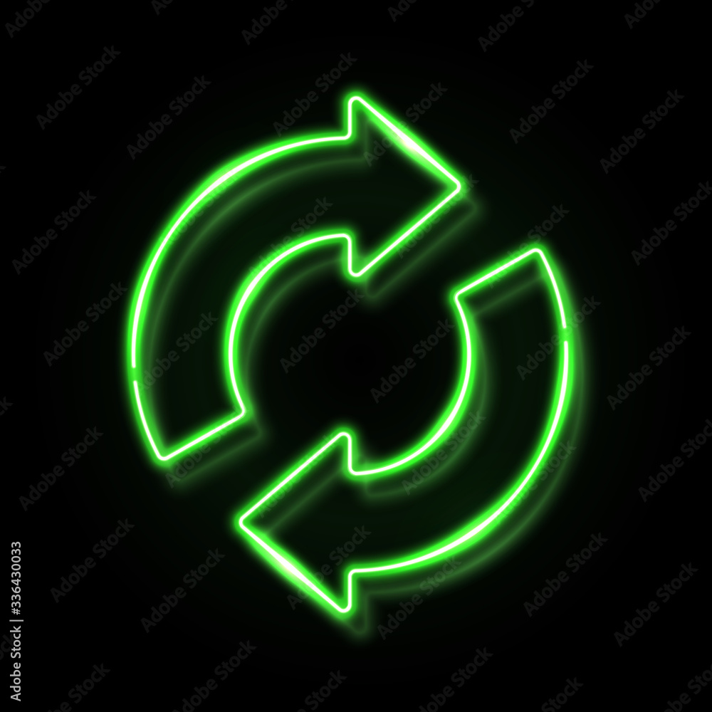 Poster 3d neon refresh reload restart icon with reflection isolated on black background. green glowing recy
