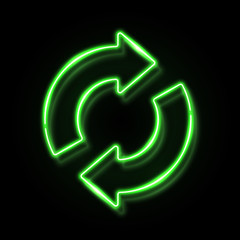 3d neon refresh reload restart icon with reflection isolated on black background. Green glowing recycling symbol. Night circle 2 arrow sign. Recycle design. Ecology element bright vector illustration.