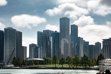 Chicago in summer with clear skies with buildings and greenery