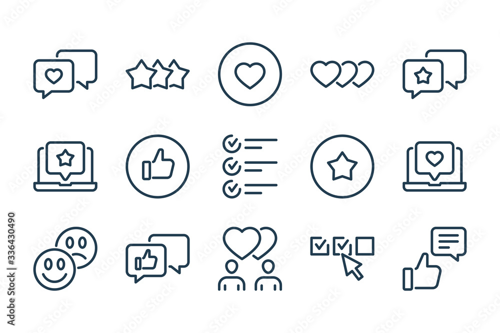 Poster feedback and testimonials related line icon set. review and rating outline vector icons.
