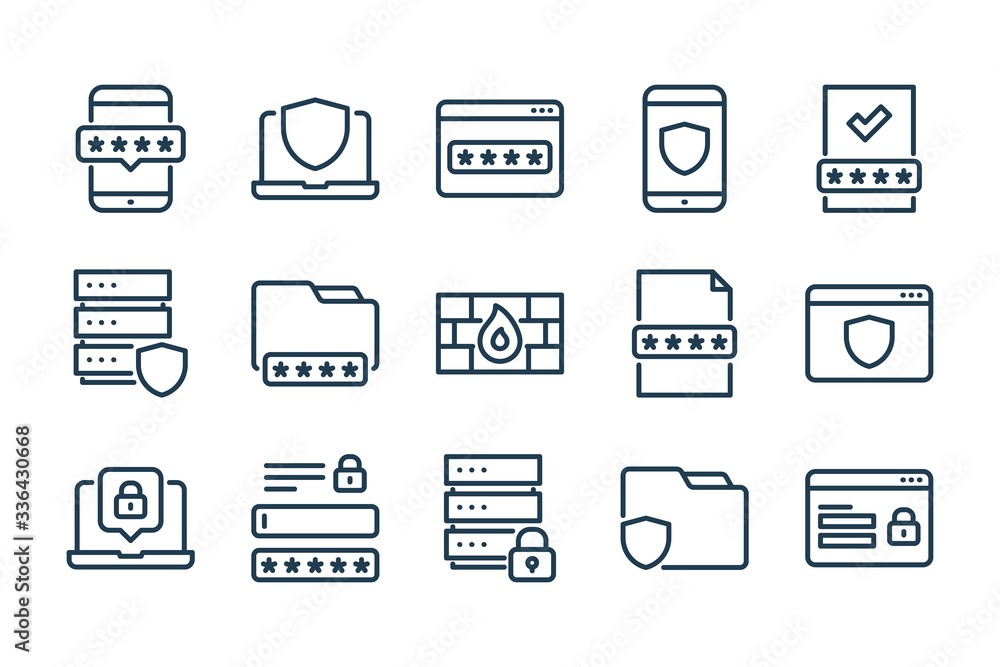 Poster web security and protection related line icon set. cyber safety linear icons. password and informati